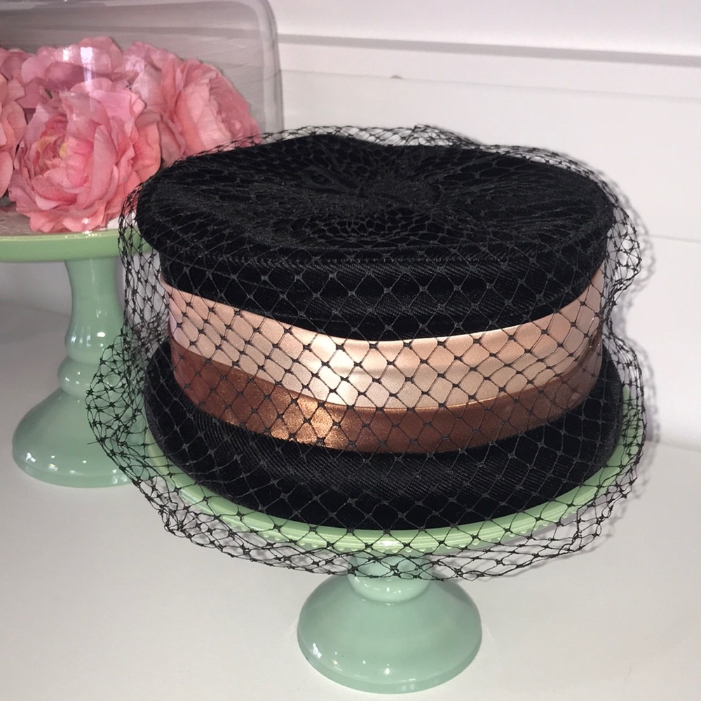 Vintage black velvet hat with veil